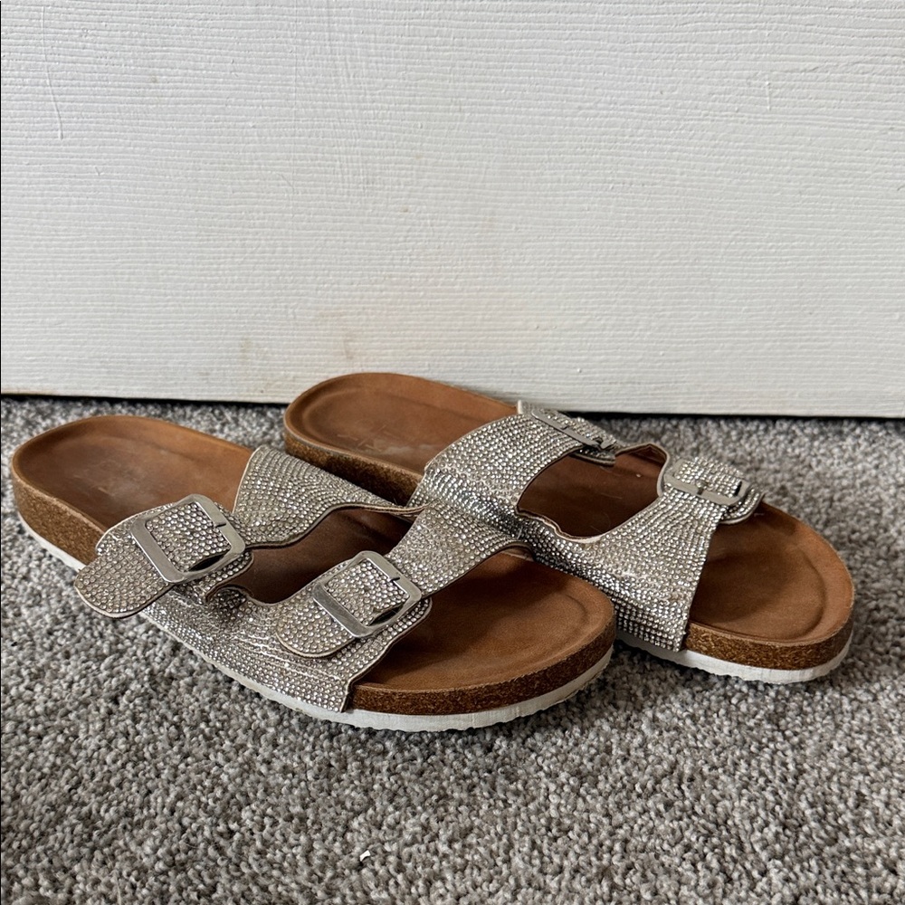 Yoki Silver Rhinestone Double-Buckle Slide Sandals